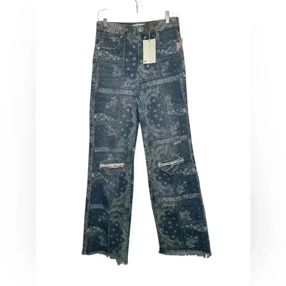 PTCL Hazel High Rise Wide Leg Jeans Bandana Patch Print Size 28 NWT - Picture 3 of 8